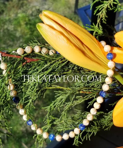 Silk Knotted Mother of Pearl and Kyanite Necklace - 16